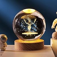 One94Store 3D Deer Crystal Globe Lamp Creative Engraved Crystal Ball Night Light USB Table LED Wooden Crystal Ball for...