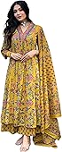 GoSriKi Women's Rayon Blend Anarkali Printed Kurta with Pant & Dupatta & Dupatta (CIA Yellow-GS_XL_Yellow_X-Large)