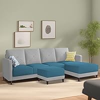 GRAPEWOOD Baloney RHS 6 Seater L Shape Sofa Set with Center Table for Living Room (Turquise Grey Fabric) Premium Fabric Sofa
